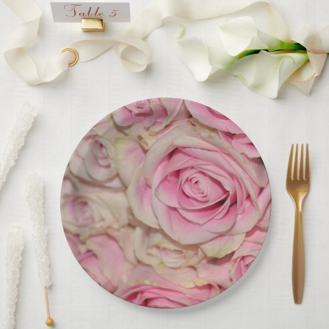 Assiettes En Carton Roses romantiques de crème rose (Mariage)