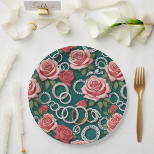 Assiettes En Carton Roses Romantiques Et Bagues De Mariage En Diamant
