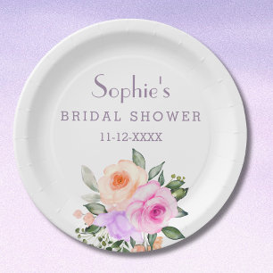 Assiettes En Carton Roses roses Lilac Fête des mariées florale brillan