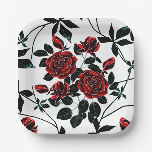 Assiettes En Carton Roses rouges. (Recto)