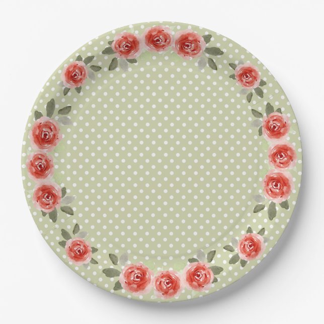 Assiettes En Carton Roses rouges à la chaux et points blancs (Devant)
