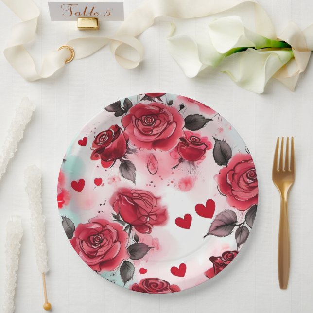 Assiettes En Carton Roses rouges avec Coeurs Motif romantique (Mariage)