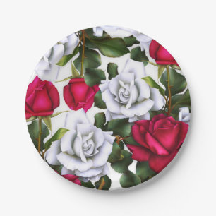 Assiettes En Carton Roses Rouges & Blanches Shabby Chic Rustique Moder