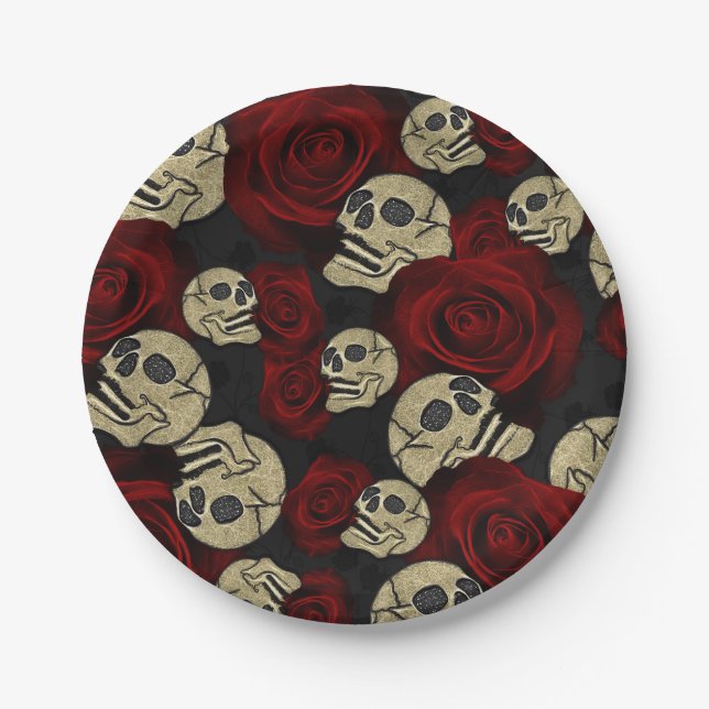 Assiettes En Carton Roses Rouges & Crânes Fleur Gothique Noir (Devant)