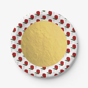 Assiettes En Carton Roses rouges dorées Rose Élégant Floral Mariage Fê