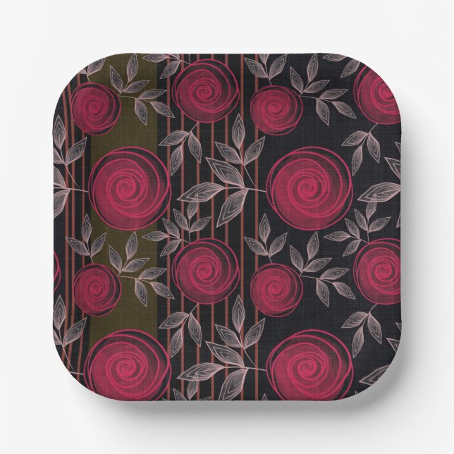 Assiettes En Carton Roses rouges sur noir. (Recto)
