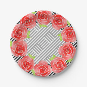 Assiettes En Carton Roses sur les rayures noires et blanches