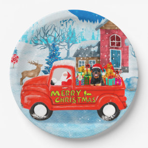 Assiettes En Carton Rottweiler Dog Christmas Delivery Truck Snow  
