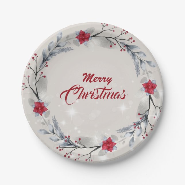 Assiettes En Carton Rouge, Argent Joyeux Couronnes de Noël (Devant)