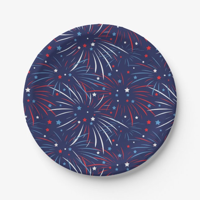 Assiettes En Carton Rouge Blanc Bleu Étoiles de feux d'artifice (Devant)