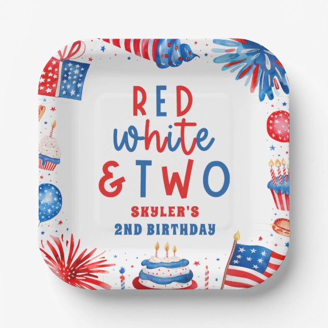 Assiettes En Carton Rouge, blanc et deux 4 juillet fête du 2e annivers (Recto)