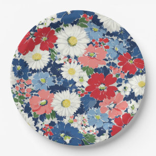 Assiettes En Carton Rouge Bleu Blanc Floral Patriotique (3)