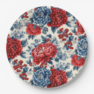 Assiettes En Carton Rouge Bleu Blanc Floral Patriotique (7)