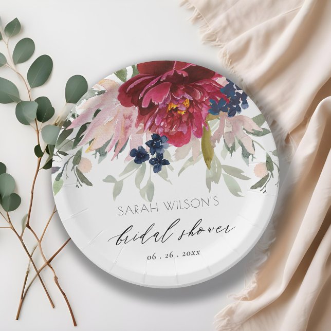 Assiettes En Carton Rouge Bourgogne Blush Bleu Floral Mariage Shower (Créateur téléchargé)