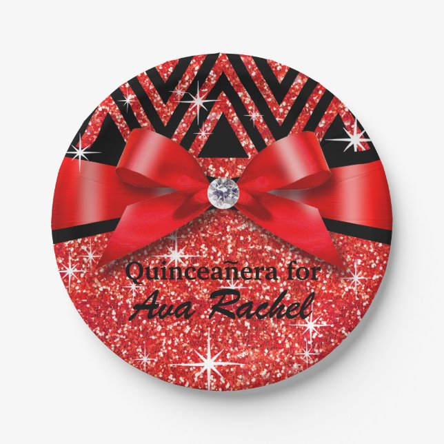 Assiettes En Carton Rouge de l'arc | de diamant de Chevron Bling de (Devant)