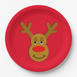 Assiettes En Carton Rouge de visage de renne de Noël