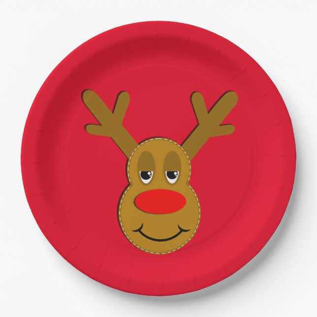 Assiettes En Carton Rouge de visage de renne de Noël (Devant)