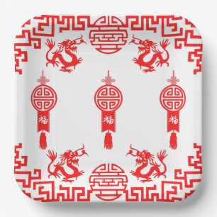 Assiettes En Carton Rouge Dragon Oriental Carré Papier