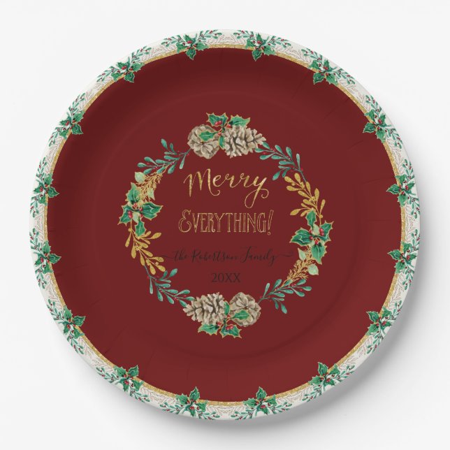 Assiettes En Carton Rouge Elégant Noël Holly Aquarelle Gold Famille (Devant)