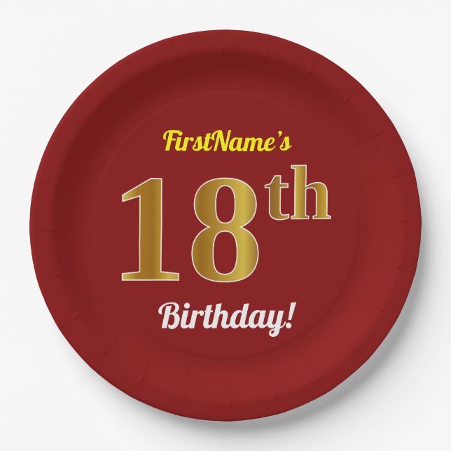 Assiettes En Carton Rouge, Faux Gold 18e anniversaire + Nom personnali (Devant)