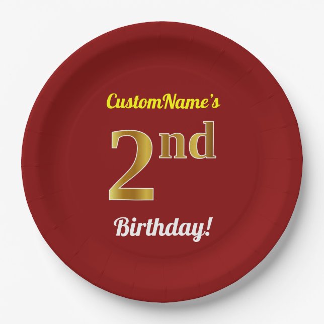Assiettes En Carton Rouge, Faux Gold 2e anniversaire + Nom personnalis (Devant)