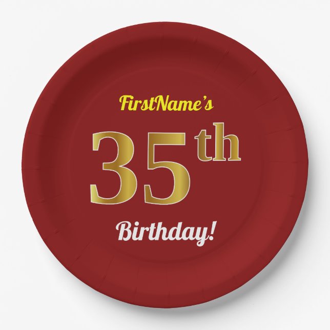 Assiettes En Carton Rouge, Faux Gold 35e anniversaire + Nom personnali (Devant)