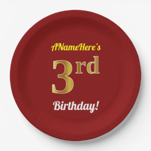 Assiettes En Carton Rouge, Faux Gold 3ème anniversaire + Nom personnal