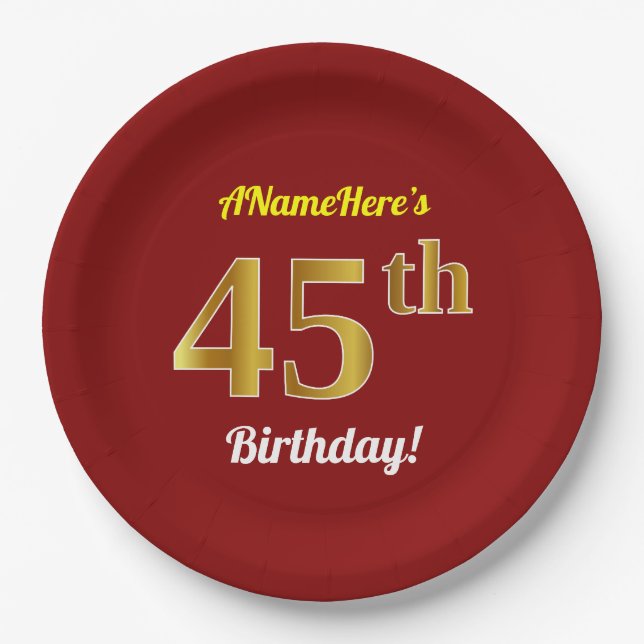 Assiettes En Carton Rouge, Faux Gold 45e anniversaire + Nom personnali (Devant)