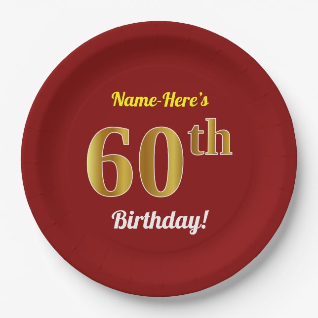Assiettes En Carton Rouge, Faux Gold 60e anniversaire + Nom personnali (Devant)