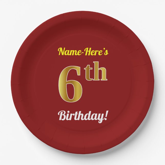 Assiettes En Carton Rouge, Faux Gold 6e anniversaire + Nom personnalis (Devant)