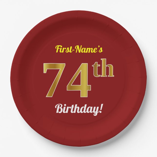 Assiettes En Carton Rouge, Faux Gold 74e anniversaire + Nom personnali (Devant)