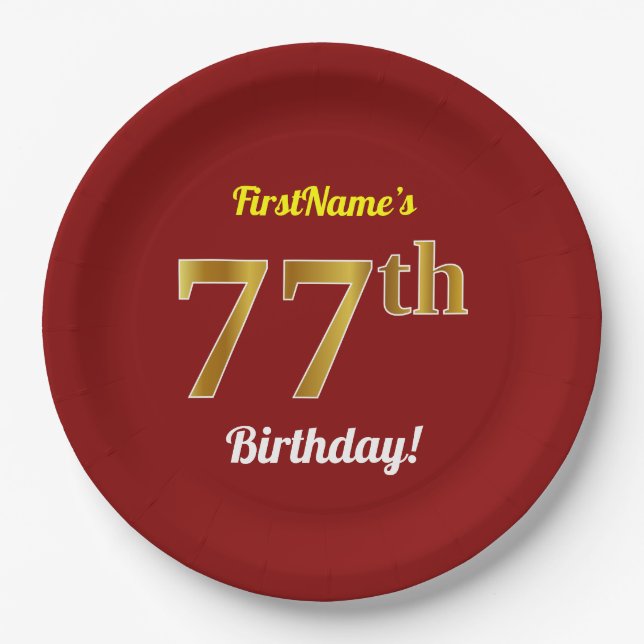 Assiettes En Carton Rouge, Faux Gold 77e anniversaire + Nom personnali (Devant)