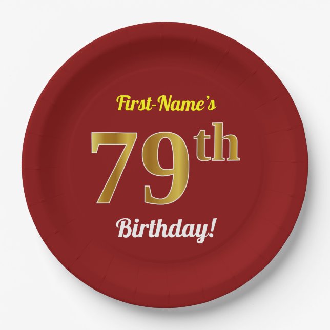 Assiettes En Carton Rouge, Faux Gold 79e anniversaire + Nom personnali (Devant)