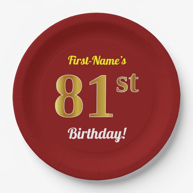 Assiettes En Carton Rouge, Faux Gold 81e anniversaire + Nom personnali (Devant)