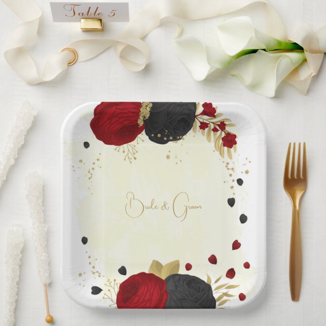 Assiettes En Carton rouge foncé et fleurs noires or (Mariage)