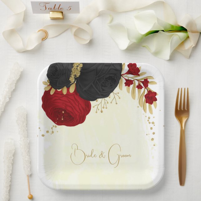 Assiettes En Carton rouge foncé et fleurs noires or (Mariage)