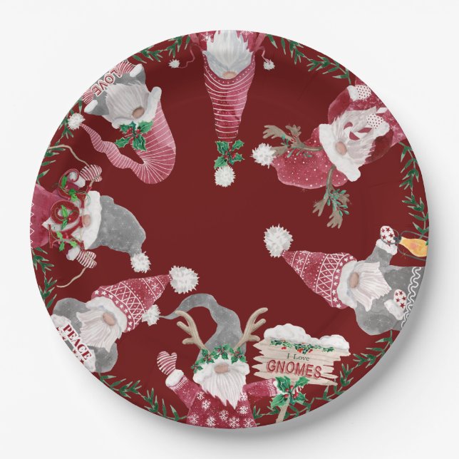 Assiettes En Carton Rouge Gris Gris Noel Aquarelle Feuilles Feuillage (Devant)