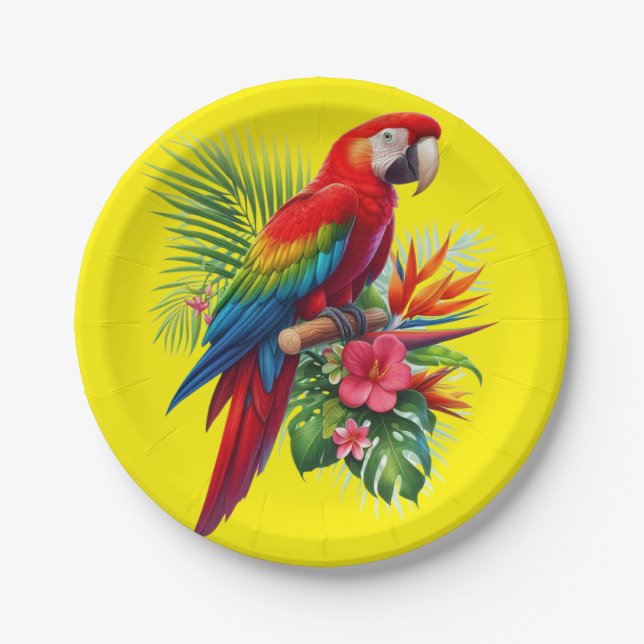 Assiettes En Carton Rouge macaw tropical floral (Devant)
