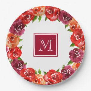 Assiettes En Carton Rouge Orange Claret Floral Monogrammé
