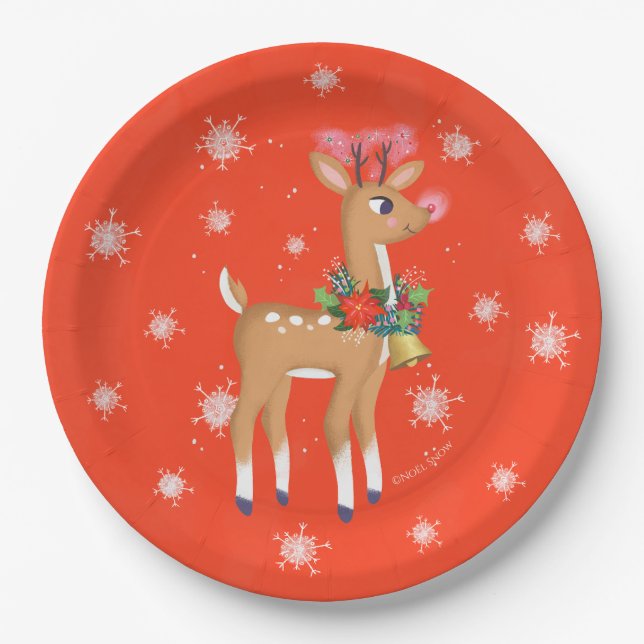 Assiettes En Carton Rouge rétro Rudolph Reindeer (Devant)