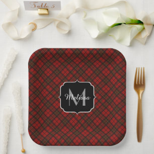 Assiettes En Carton Rouge tartan Noël plaid hiver motif Monogramme