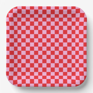 Assiettes En Carton Rouge vif et rose clair à carreaux