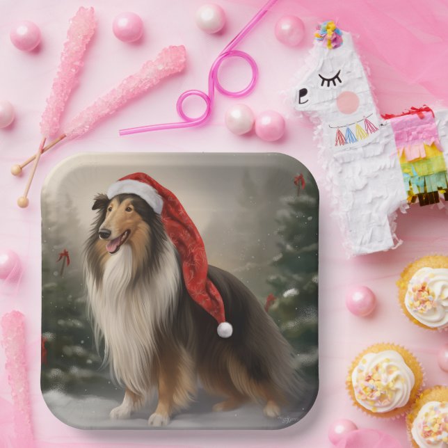 Assiettes En Carton Rough Collie Chien dans la neige Noël (Fête)