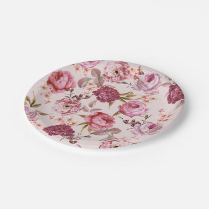 Assiettes En Carton Rougissent les roses floraux d'aquarelle rose et