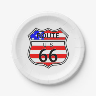 Assiettes En Carton Route 66 Highway Sign With Flag