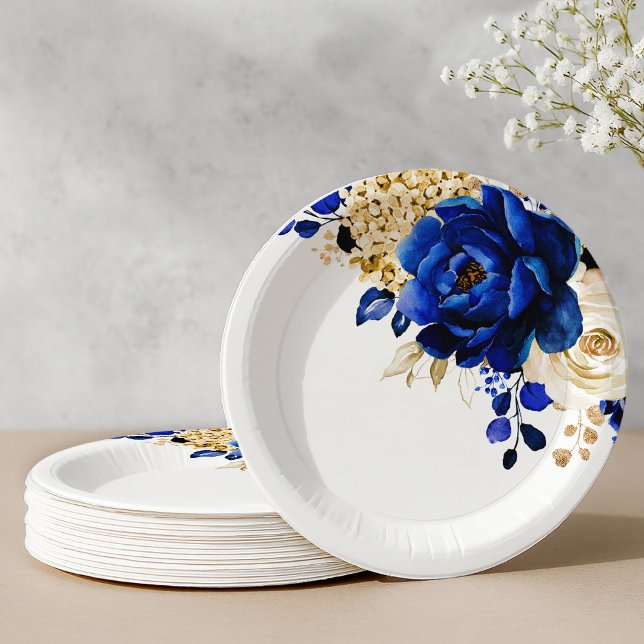 Assiettes En Carton Royal Bleu Jaune Or Mariage métallique Floral (Royal Blue Yellow Gold Metallic Floral Wedding Paper Plates)