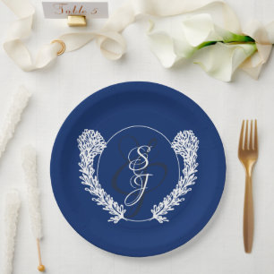 Assiettes En Carton Royal Blue Classic Monogram Mariage