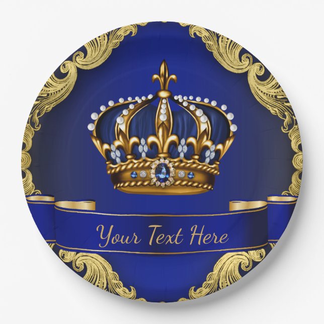 Assiettes En Carton Royal Blue et Gold Crown Prince King (Devant)