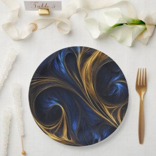 Assiettes En Carton Royal Blue Gold Abstrait Swirl