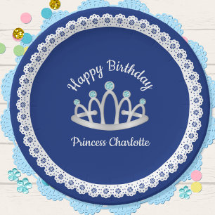 Assiettes En Carton Royal Blue Princess Tiara Plaque papier d'annivers